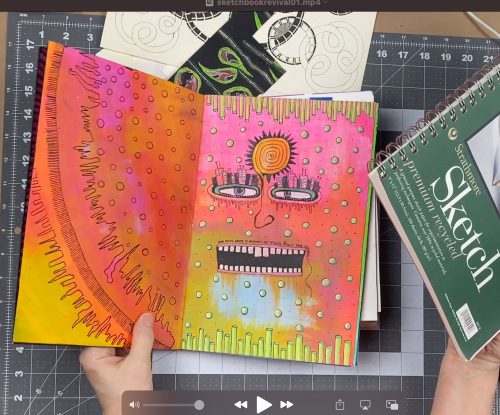 photo of bright colored junk journal spread in the online art journaling class
