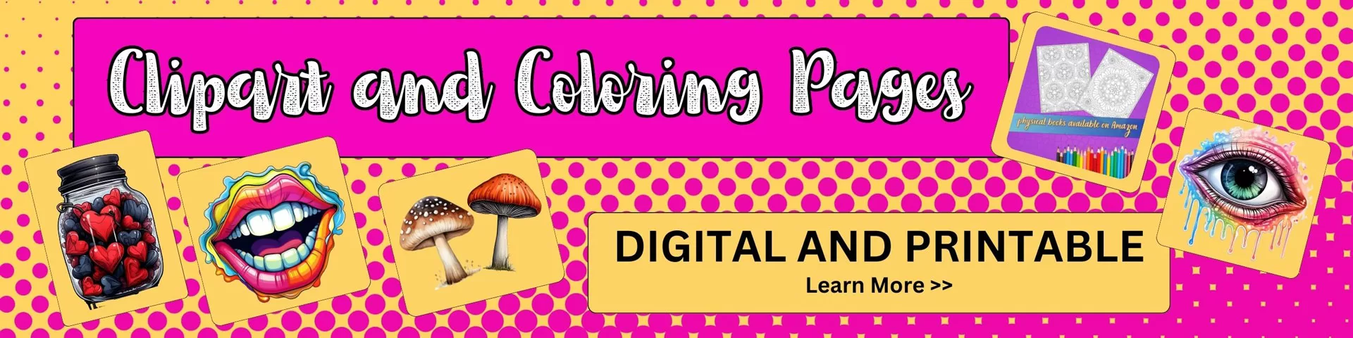 bright pink and yellow web site banner for lori greenberg digital downloads and printable clipart on Etsy